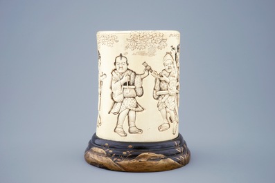 A Japanese carved and signed ivory brushpot on gilt-lacquered stand, Meiji, 19th C.