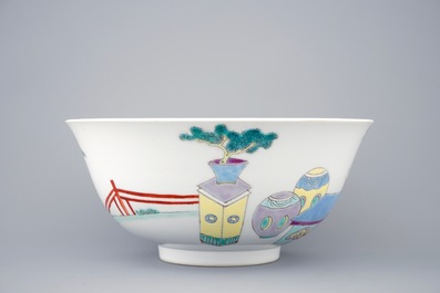 A Chinese famille rose bowl with scholars, Yongzheng mark, 19/20th C.
