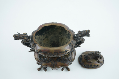 A large Japanese bronze censer on stand, Meiji, 19th C.