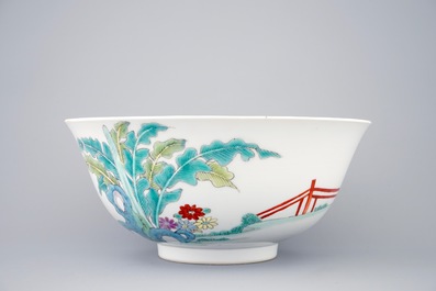 A Chinese famille rose bowl with scholars, Yongzheng mark, 19/20th C.