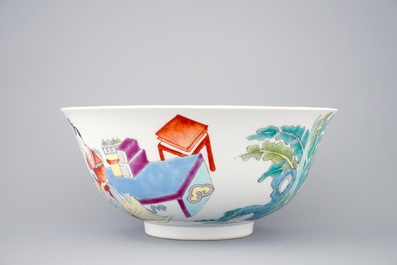 A Chinese famille rose bowl with scholars, Yongzheng mark, 19/20th C.