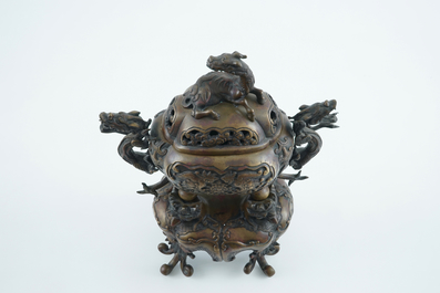 A large Japanese bronze censer on stand, Meiji, 19th C.
