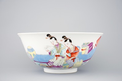 A Chinese famille rose bowl with scholars, Yongzheng mark, 19/20th C.