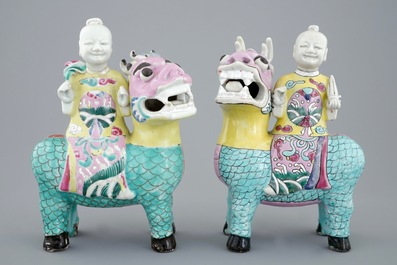 A pair of Chinese famille rose figures of the Immortal Twins, Hehe Erxian, riding a kylin, 18th C