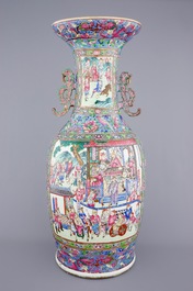 A massive Chinese famille rose on blue ground vase with a court scene, 19th C.