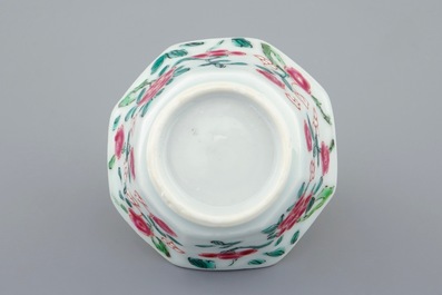 A Chinese famille rose octagonal cup and saucer, Yongzheng, 1723-1735