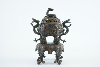 A large Japanese bronze censer on stand, Meiji, 19th C.