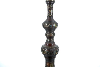 A very tall Japanese champlev&eacute; enamel bronze floor lamp column, Meiji, 19th C.