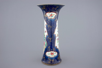 A tall Chinese famille rose powder blue ground vases, Qianlong, 18th C.