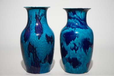 A near pair of Chinese turquoise and aubergine flambe glazed robin's egg style vases, 18/19th C.