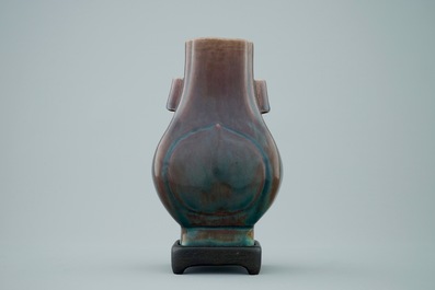 A Chinese monochrome aubergine fanghu shape vase, 19th C.