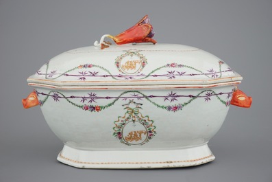A monogrammed Chinese famille rose 25-piece service with a tureen on stand, Qianlong, 18th C.
