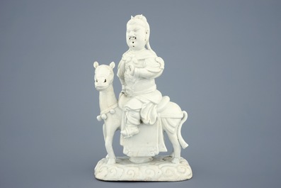 A Chinese Dehua blanc de Chine model of Guandi, God of War, on horse, Ming Dynasty, Chongzhen (1627&ndash;1644)