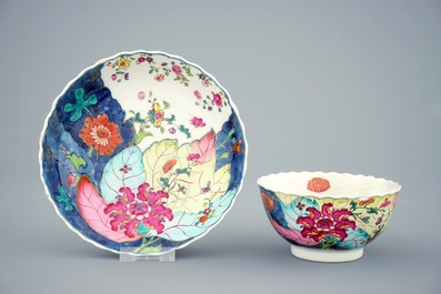 A set of 8 large Chinese famille rose cups and 6 saucers with &ldquo;tobacco leaf&rdquo; design, Qianlong, 18th C.