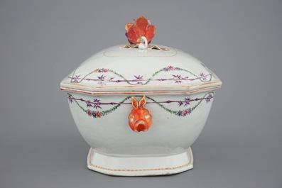 A monogrammed Chinese famille rose 25-piece service with a tureen on stand, Qianlong, 18th C.