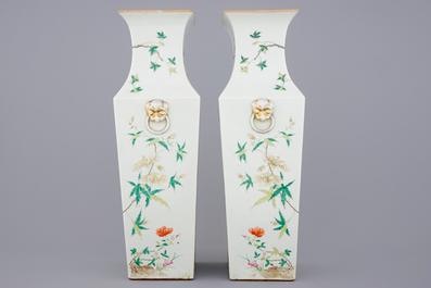 A pair of Chinese famille rose square vases with fine floral decoration, 19th C.