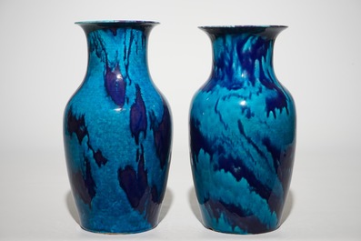 A near pair of Chinese turquoise and aubergine flambe glazed robin's egg style vases, 18/19th C.