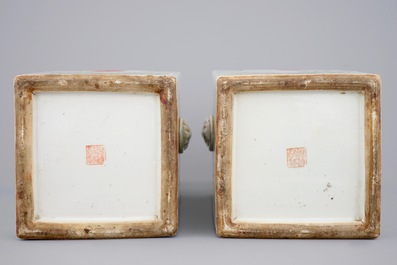 A pair of Chinese famille rose square vases with fine floral decoration, 19th C.