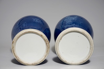 A pair of Chinese powder blue ground vases with incised decoration, 19th C.