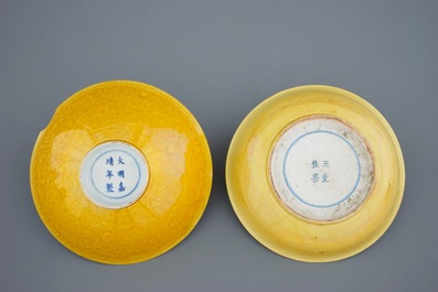 Two Chinese monochrome yellow shallow bowls, 18/19th C.