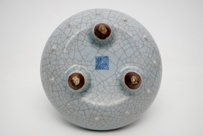 A Chinese crackle glazed tripod censer of fish basket form, Qianlong sealmark and poss. of the period