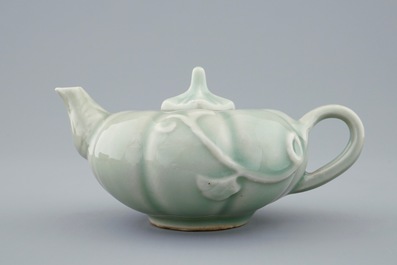 A Chinese celadon-glazed pumpkin shaped teapot and cover, 19/20th C.