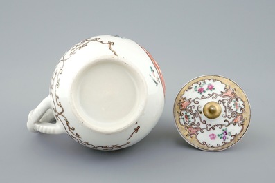A Chinese famille rose European subject milk jug and cover, Qianlong 18th C.