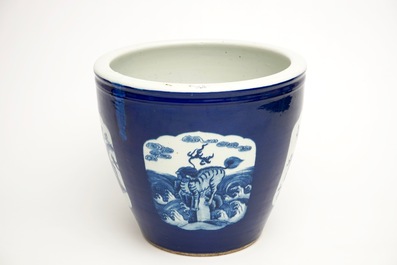 A Chinese blue and white blue ground fish bowl, 19th C.
