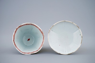 A Chinese famille rose hexagonal covered cup and saucer, Qianlong, 18th C.