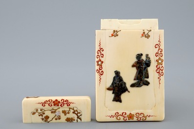 A Japanese Shibayama lacquered ivory card case, Meiji, 19th C.