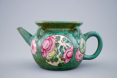 A Chinese enamelled Yixing teapot and cover, 19th C.