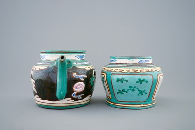 A Chinese enamelled Yixing teapot and cover with a small storage jar, 19th C.