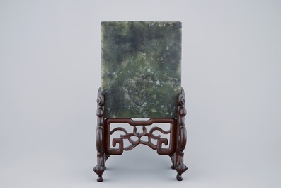 A deeply carved Chinese imitation-jade soapstone table screen, 19/20th C.