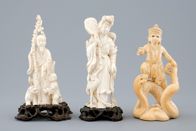 A set of 3 Chinese and Indian carved ivory figures, early 20th C.