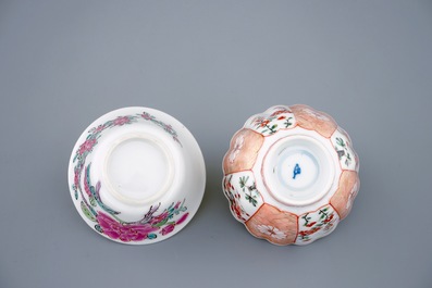 Two Chinese verte-Imari and famille rose cups and saucers, Kangxi/Yongzheng