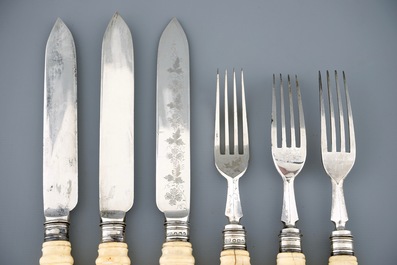 A set of 6 English silver knives and forks with Anglo-Indian ivory carved handles, 19th C.