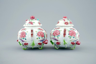 A pair of Chinese famille rose &quot;rooster&quot; teapots with applied lotus stems, Yongzheng, 1723-1735