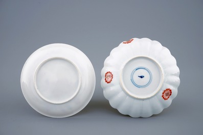 Two Chinese verte-Imari and famille rose cups and saucers, Kangxi/Yongzheng