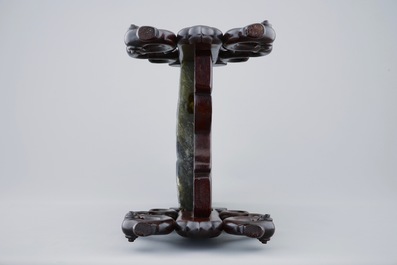 A deeply carved Chinese imitation-jade soapstone table screen, 19/20th C.