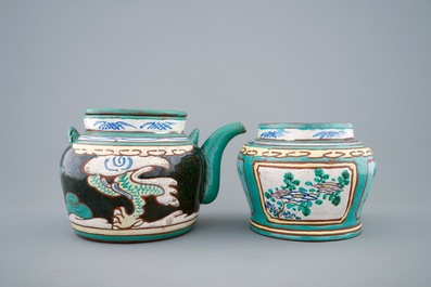 A Chinese enamelled Yixing teapot and cover with a small storage jar, 19th C.
