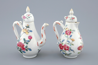 A pair of unusual Chinese famille rose jugs with covers, Yongzheng, 1723-1735
