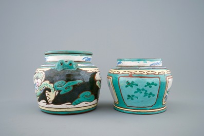 A Chinese enamelled Yixing teapot and cover with a small storage jar, 19th C.