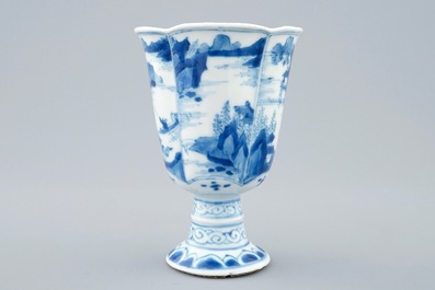 A Chinese blue and white faceted cup on foot, Kangxi