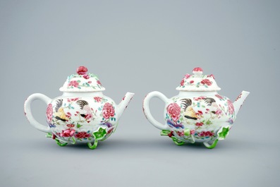 A pair of Chinese famille rose &quot;rooster&quot; teapots with applied lotus stems, Yongzheng, 1723-1735