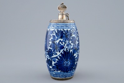 A blue and white barrel shaped Chinese silver mounted gin flask, Kangxi