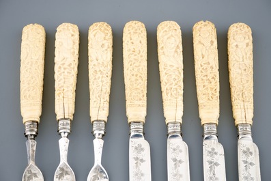 A set of 6 English silver knives and forks with Anglo-Indian ivory carved handles, 19th C.