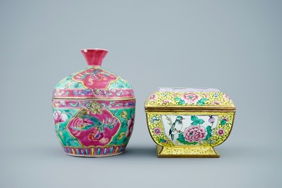 Two Chinese famille rose and Canton enamel cups and saucers and covered boxes, 19/20th C.