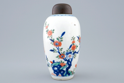 A Chinese famille verte vase with wooden cover, Kangxi
