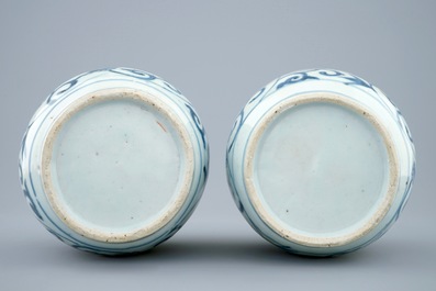 A pair of Chinese blue and white vases with buddhist lions, Ming, Wanli, 1573-1619