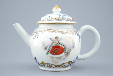 A Chinese export porcelain monogrammed teapot and cover with a putto, Qianlong, 18th C.